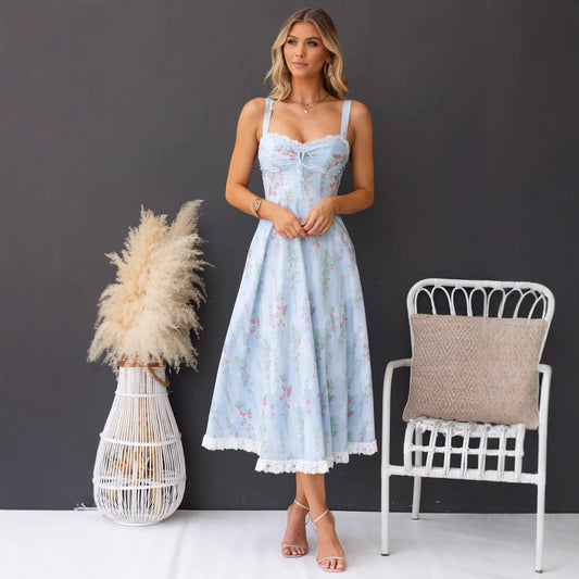 Slim Floral Print Lace Spaghetti Strap Dress in - by Malbusaat