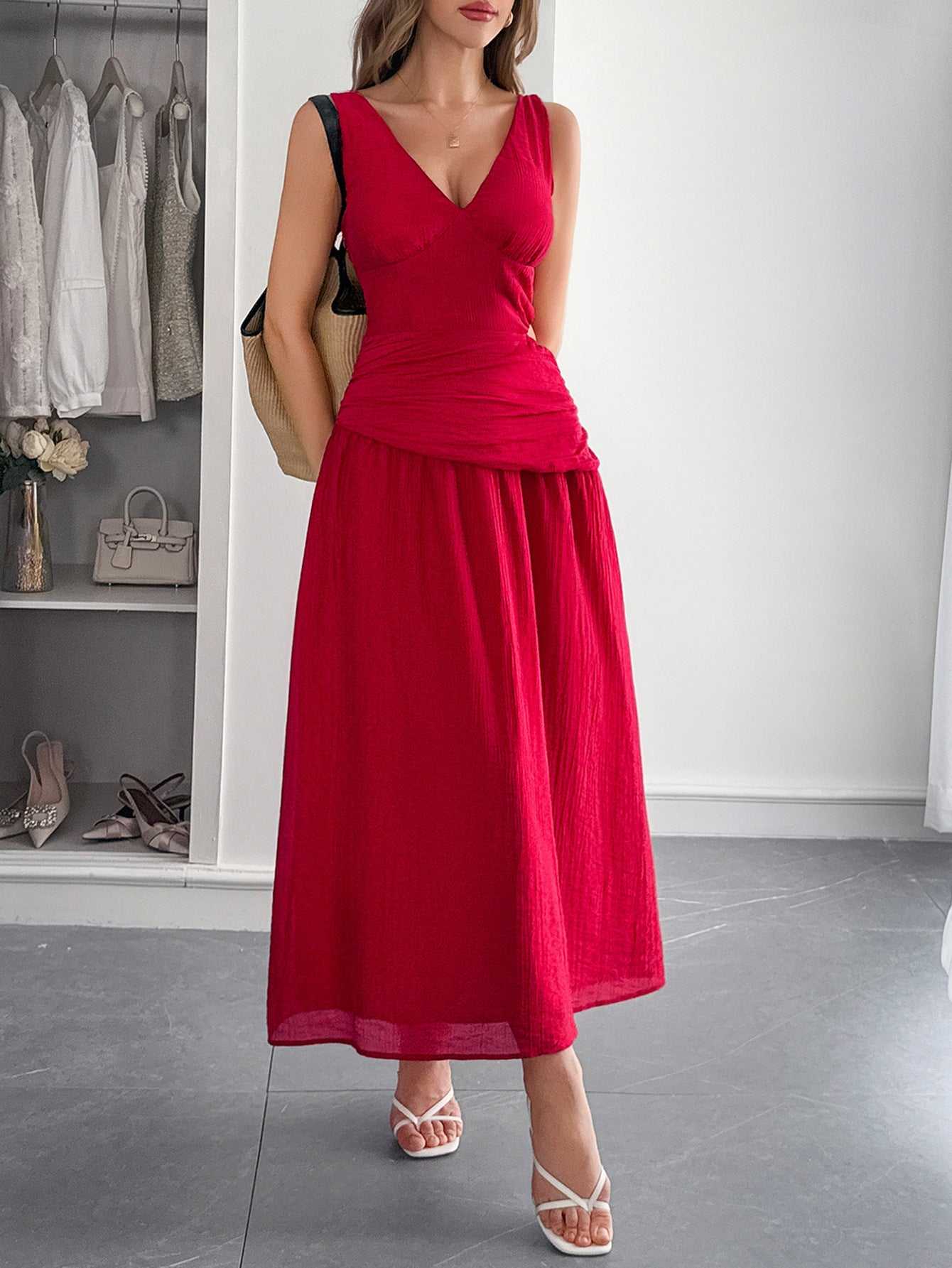 Deep V Solid Maxi Cutout Dress in - by Malbusaat