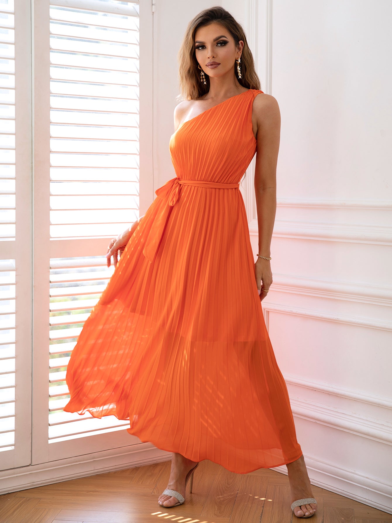 Elegant One-Shoulder Pleated Waist Maxi in - Maxi Dress, Dresses by Malbusaat