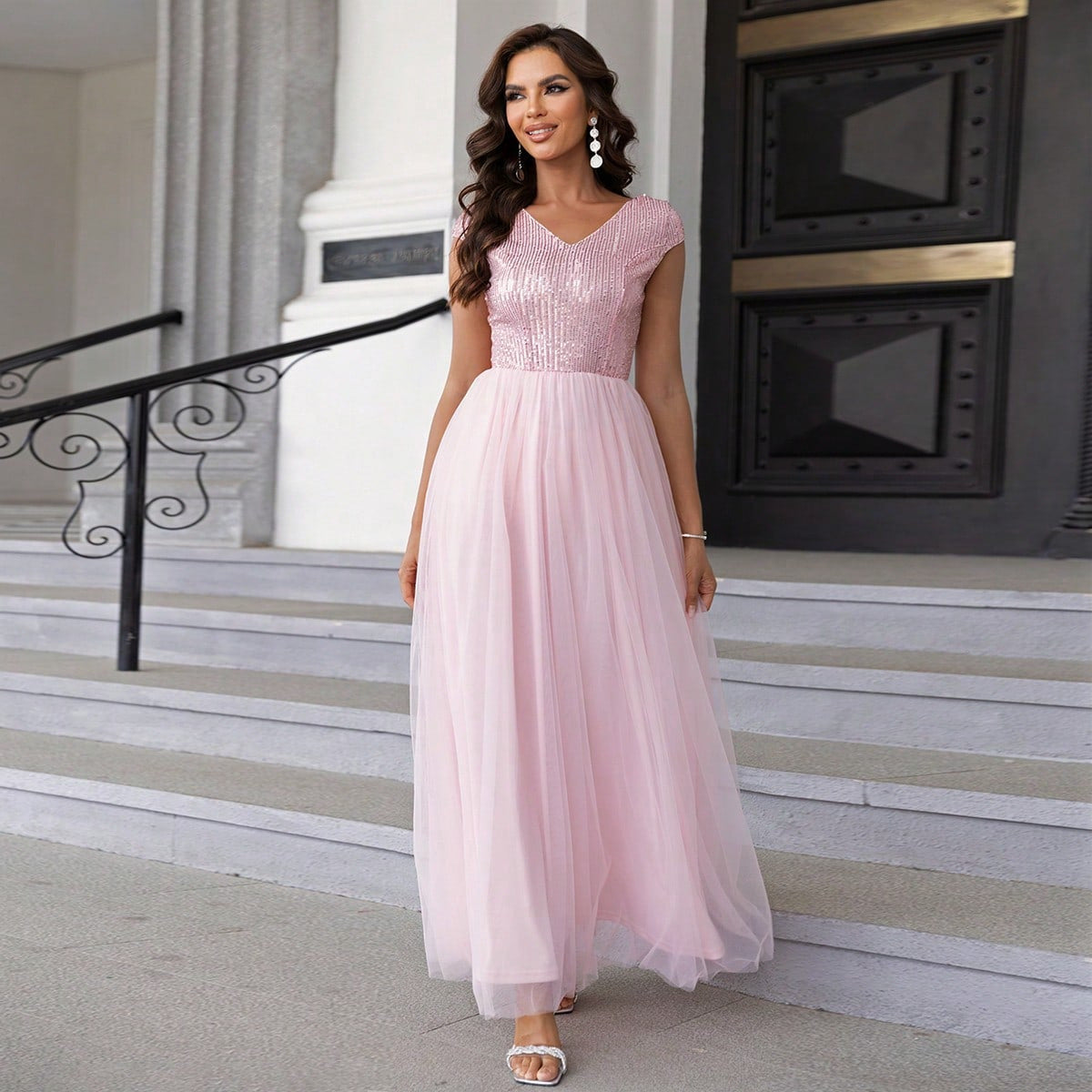 Dark Green Sequin Mesh Maxi in Pink - by Malbusaat