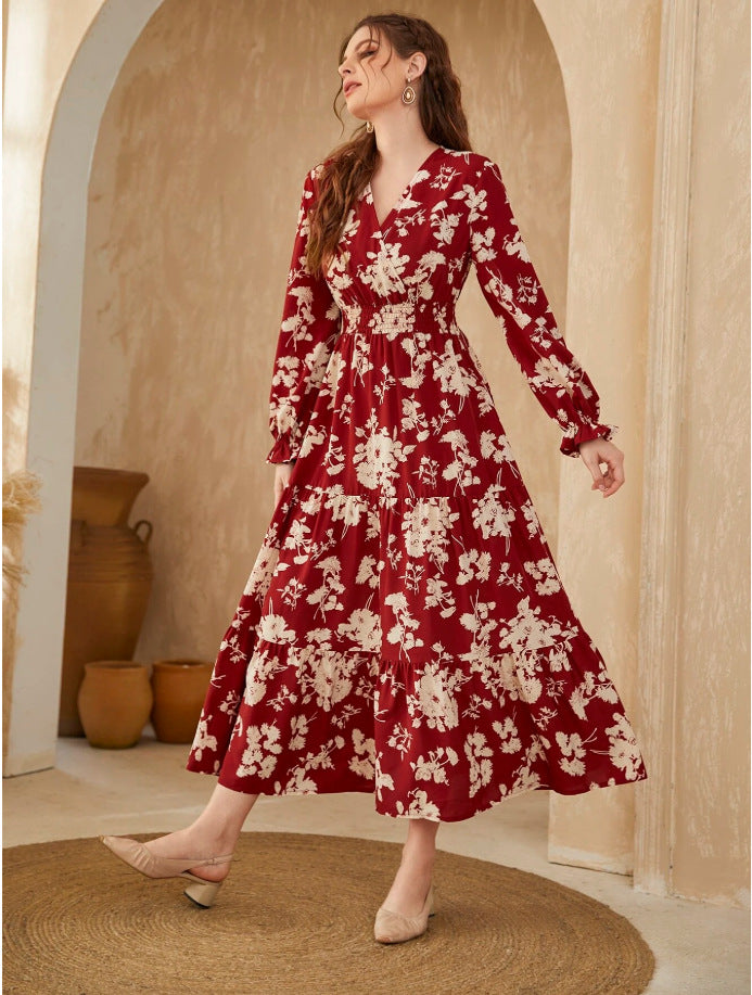 Floral V-Neck Long Sleeve Smocked Tiered Maxi