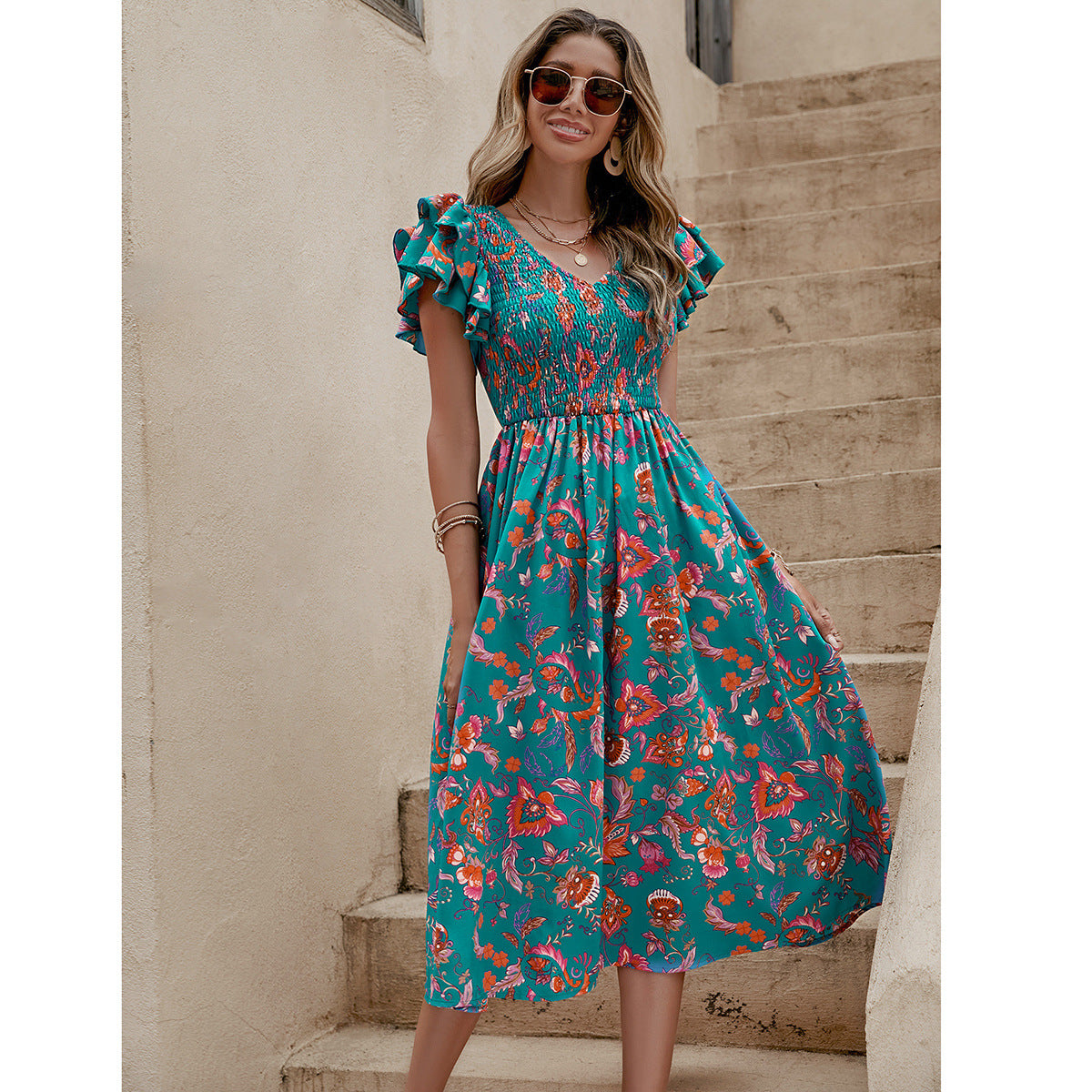 Floral V-Neck Midi Dress in Green - by Malbusaat