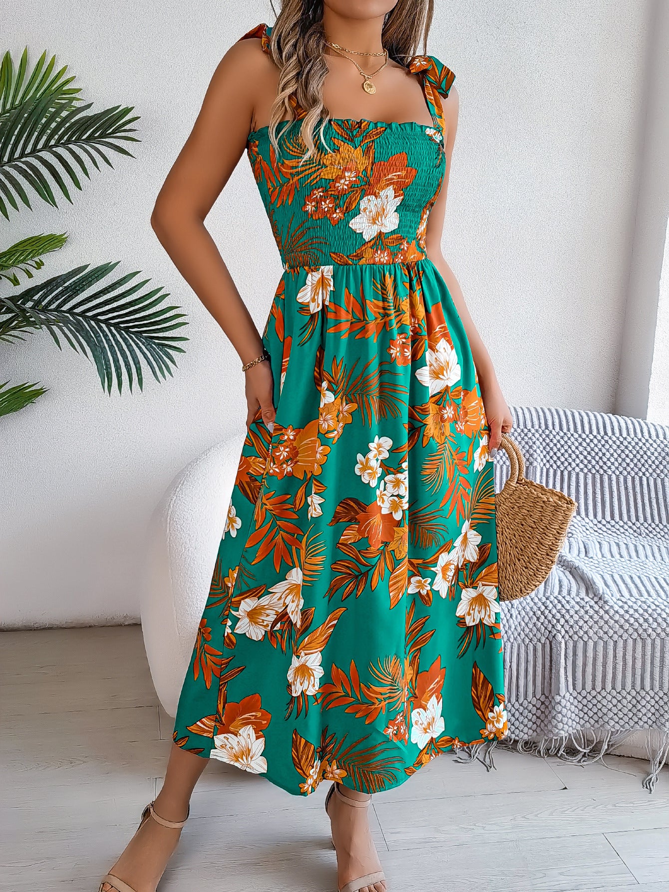 Boho Floral Maxi Dress in Green - by Malbusaat