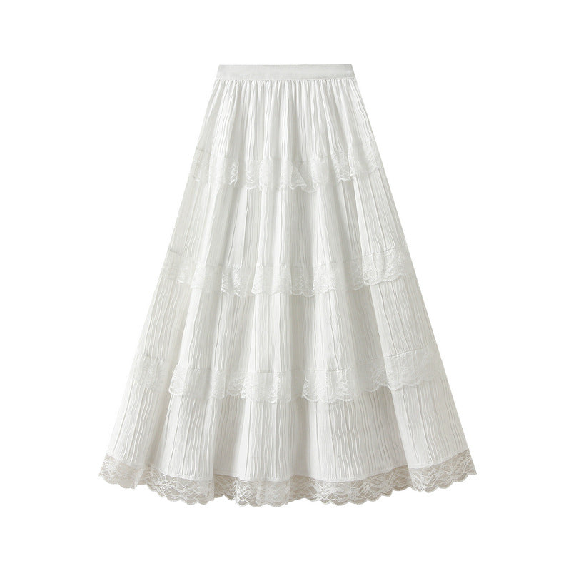 Lace Mesh Patchwork Tiered Ruffle Maxi Skirt in One Size White - by Malbusaat