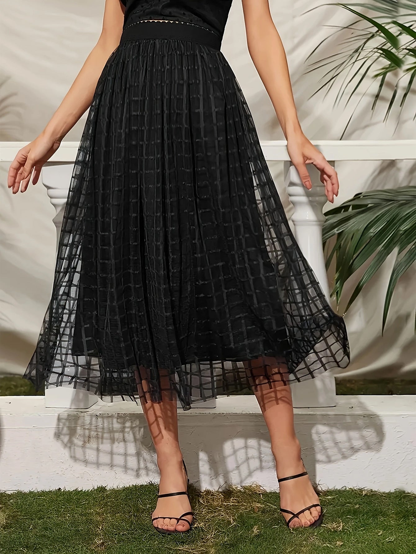 Plus Size Elegant Lace Mesh Midi Skirt in Black - by Malbusaat