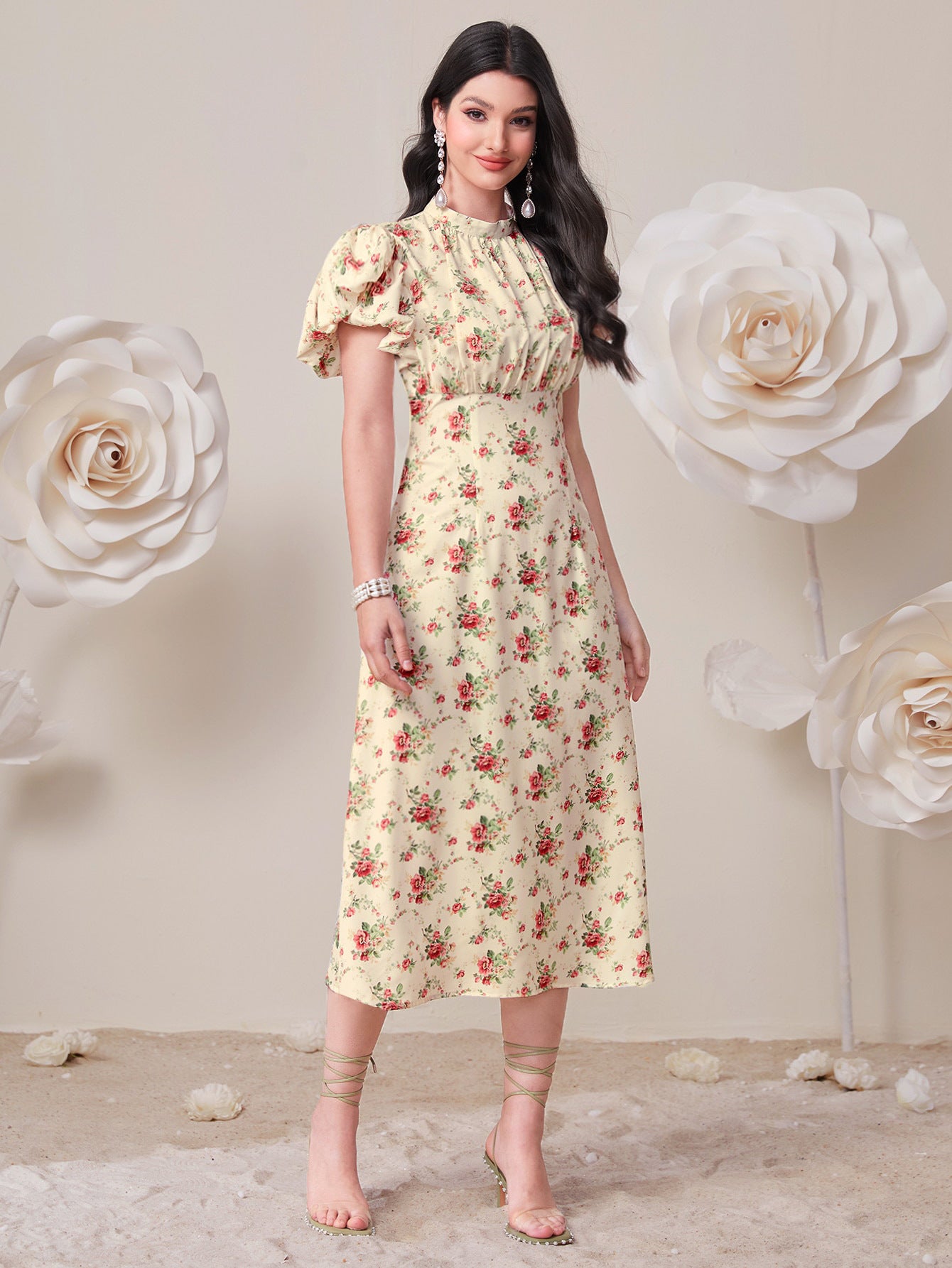 Elegant High Waist Puff Sleeve Dress in - by Malbusaat