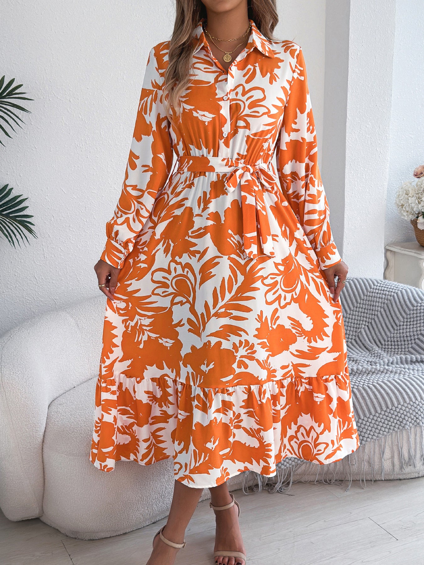 Elegant Floral Long Sleeve Shirt Dress