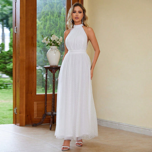 Elegant White Halter Mesh Maxi in - by Malbusaat