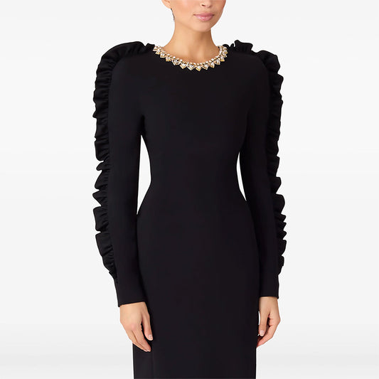 Olady Selvedge print maxi dress in black with ruffled sleeves and embellished neckline