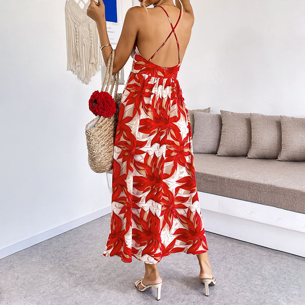 Maple Leaf Print Backless Maxi in - Dresses by Malbusaat