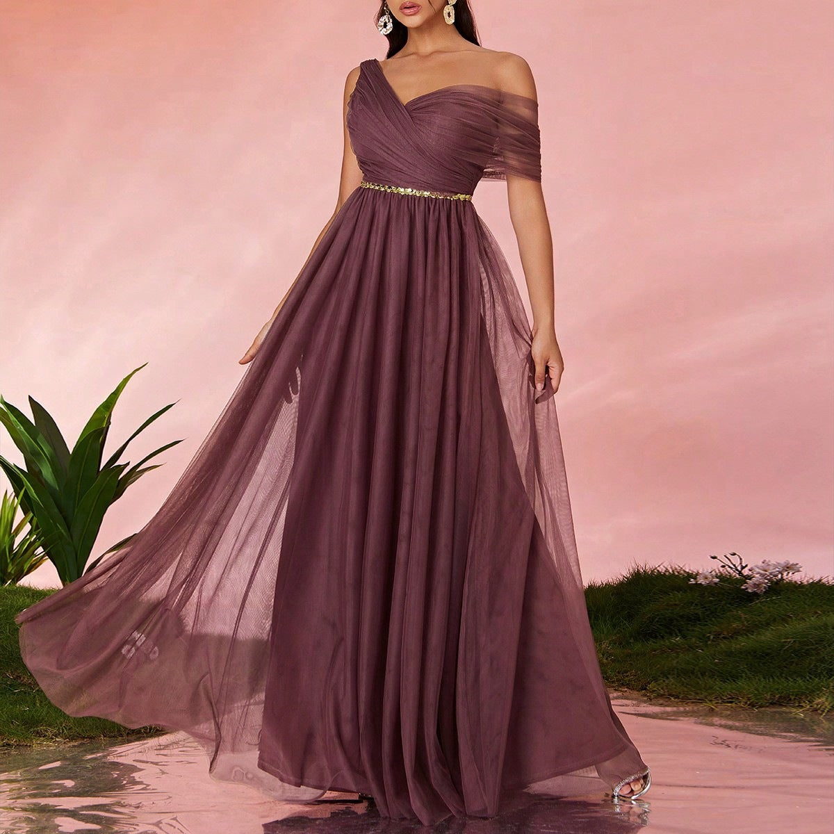 Elegant Purple Asymmetric Cutout Maxi in - by Malbusaat