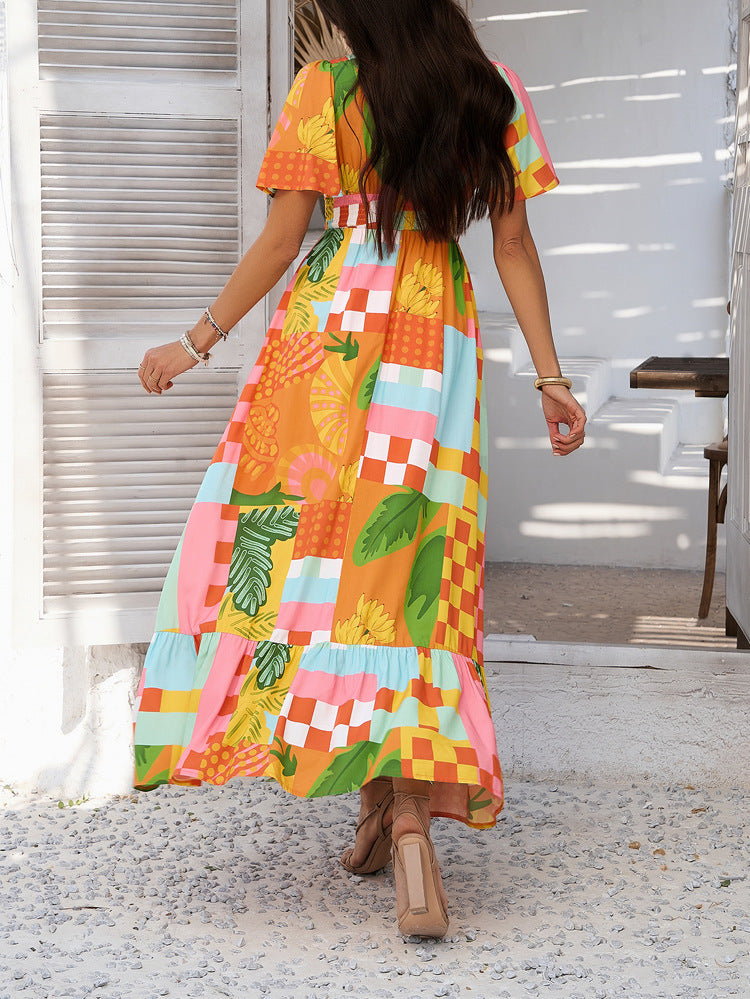 Printed Contrast Color V-neck Maxi