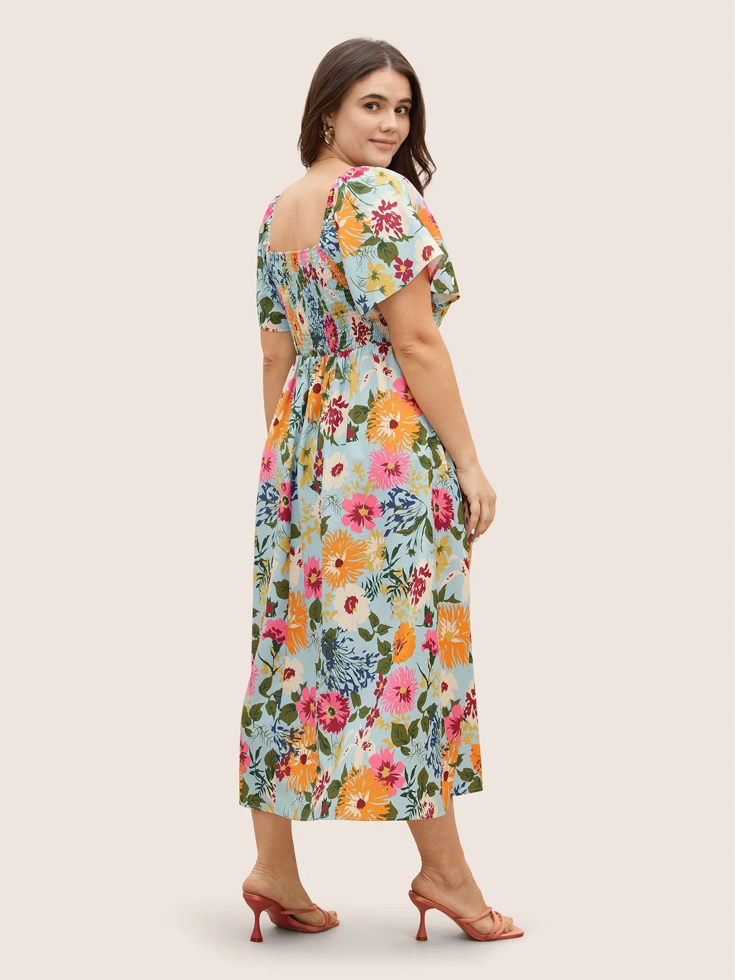 Plus Size Floral Square Neck Midi Dress in - by Malbusaat