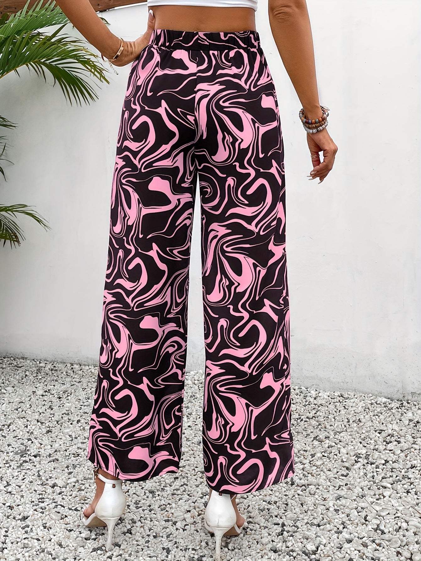 High-Waist Marble Print Straight-Leg Trousers in - by Malbusaat