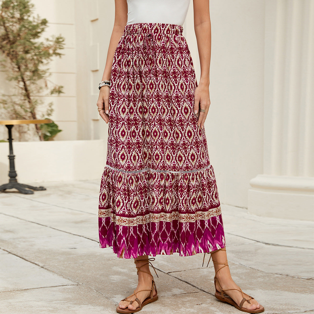 Elegant Boho Printed High-Rise Maxi Swing Skirt in - by Malbusaat