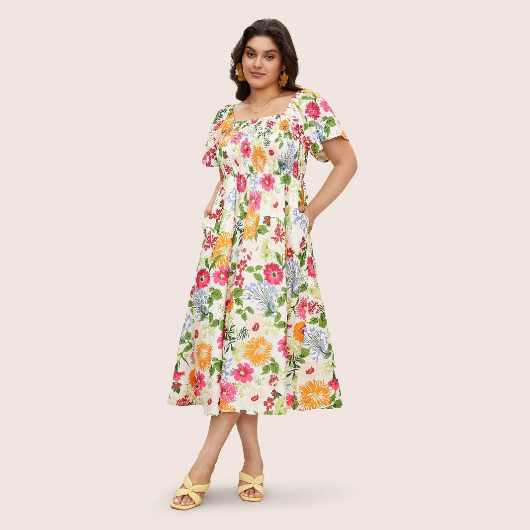 Plus Size Floral Square Neck Midi Dress in - by Malbusaat