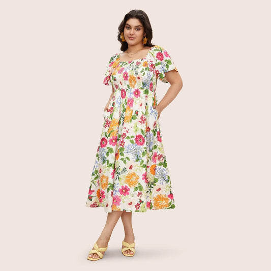 Plus Size Floral Square Neck Midi Dress in - by Malbusaat