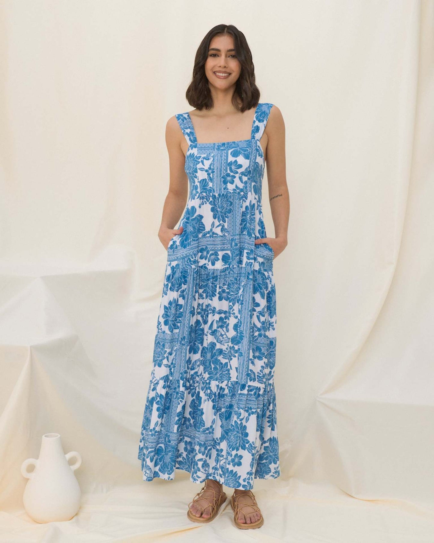 Boho Print Smocked Spaghetti Strap Midi Dress