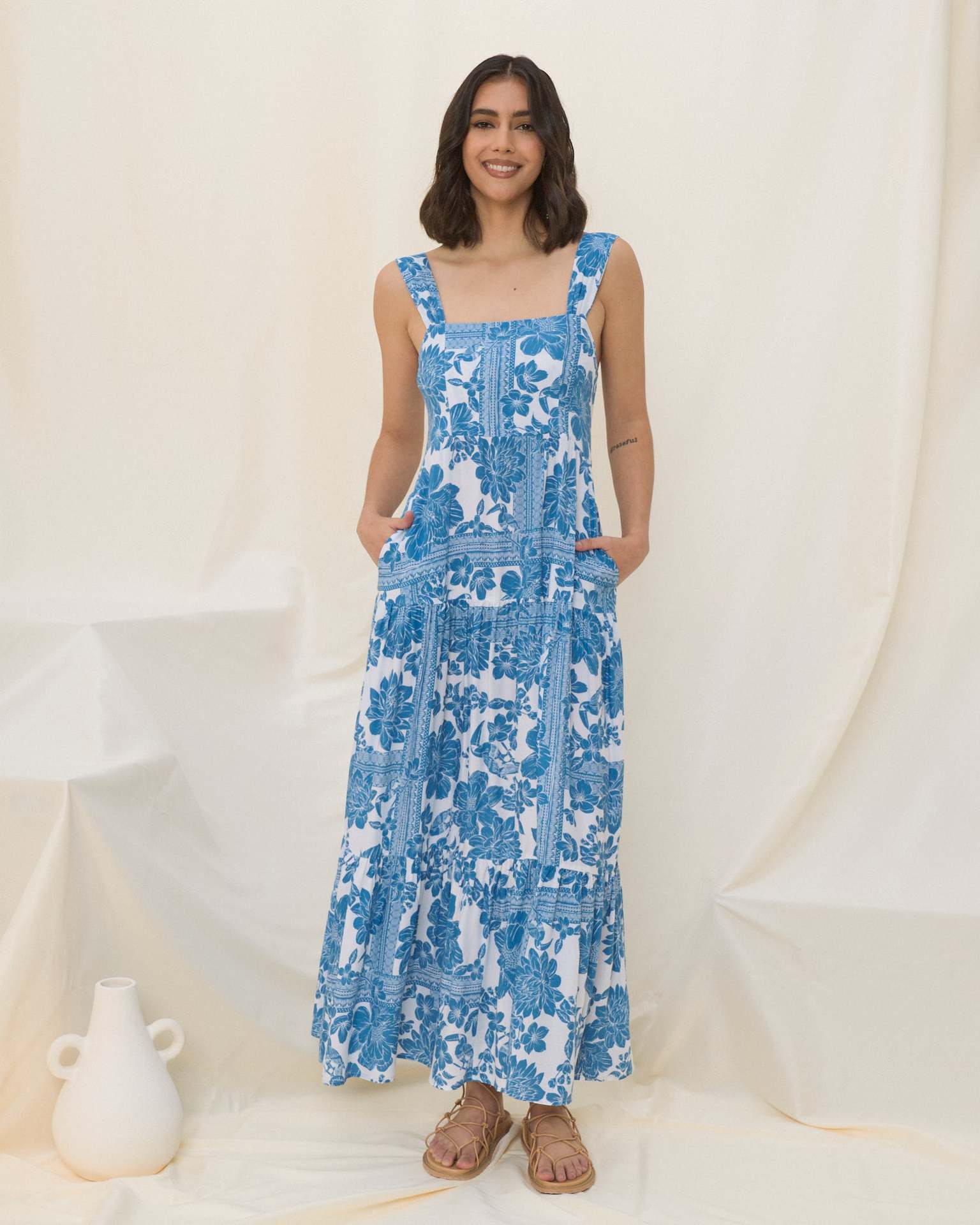Boho Print Smocked Spaghetti Strap Midi Dress in - by Malbusaat