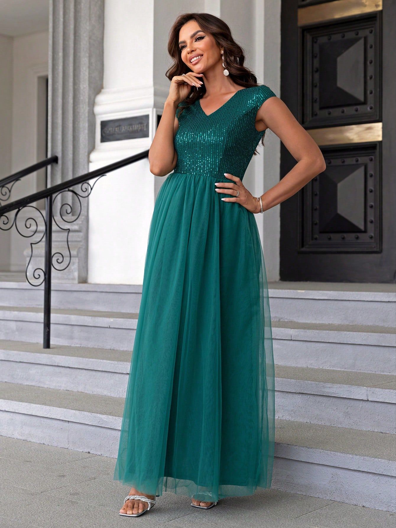 Dark Green Sequin Mesh Maxi in - by Malbusaat
