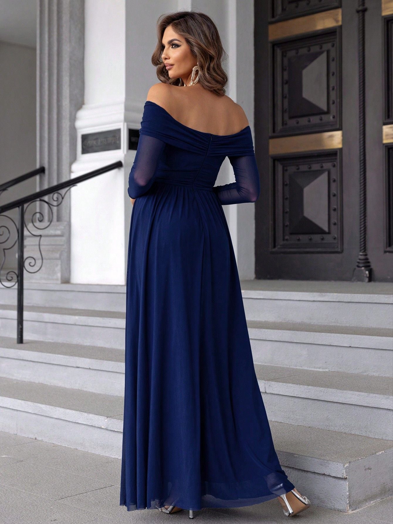 Royal Blue Off-Shoulder Mesh Maxi in - by Malbusaat