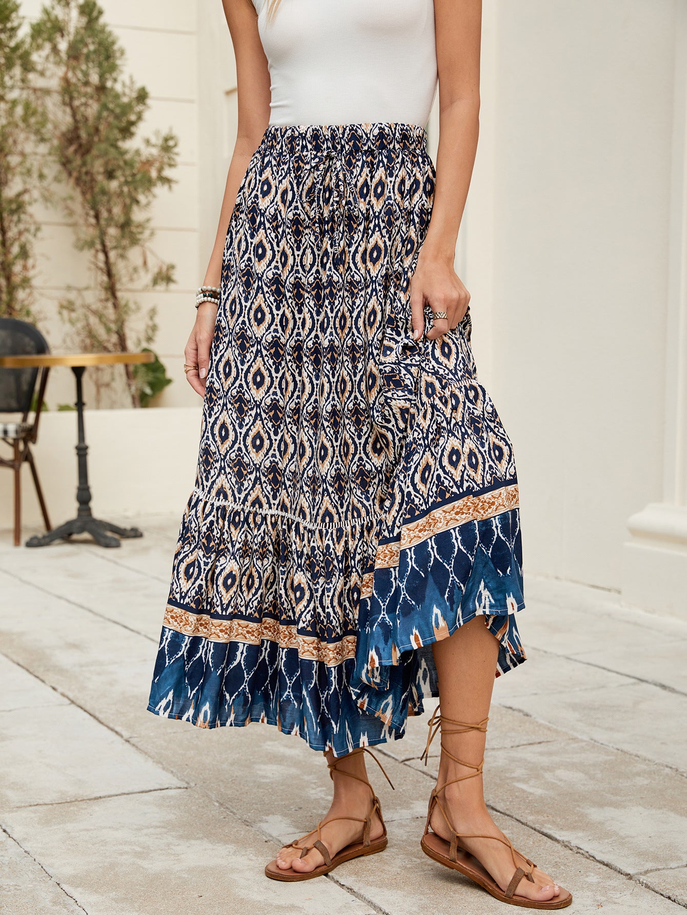 Elegant Boho Printed High-Rise Maxi Swing Skirt in Navy Blue - by Malbusaat