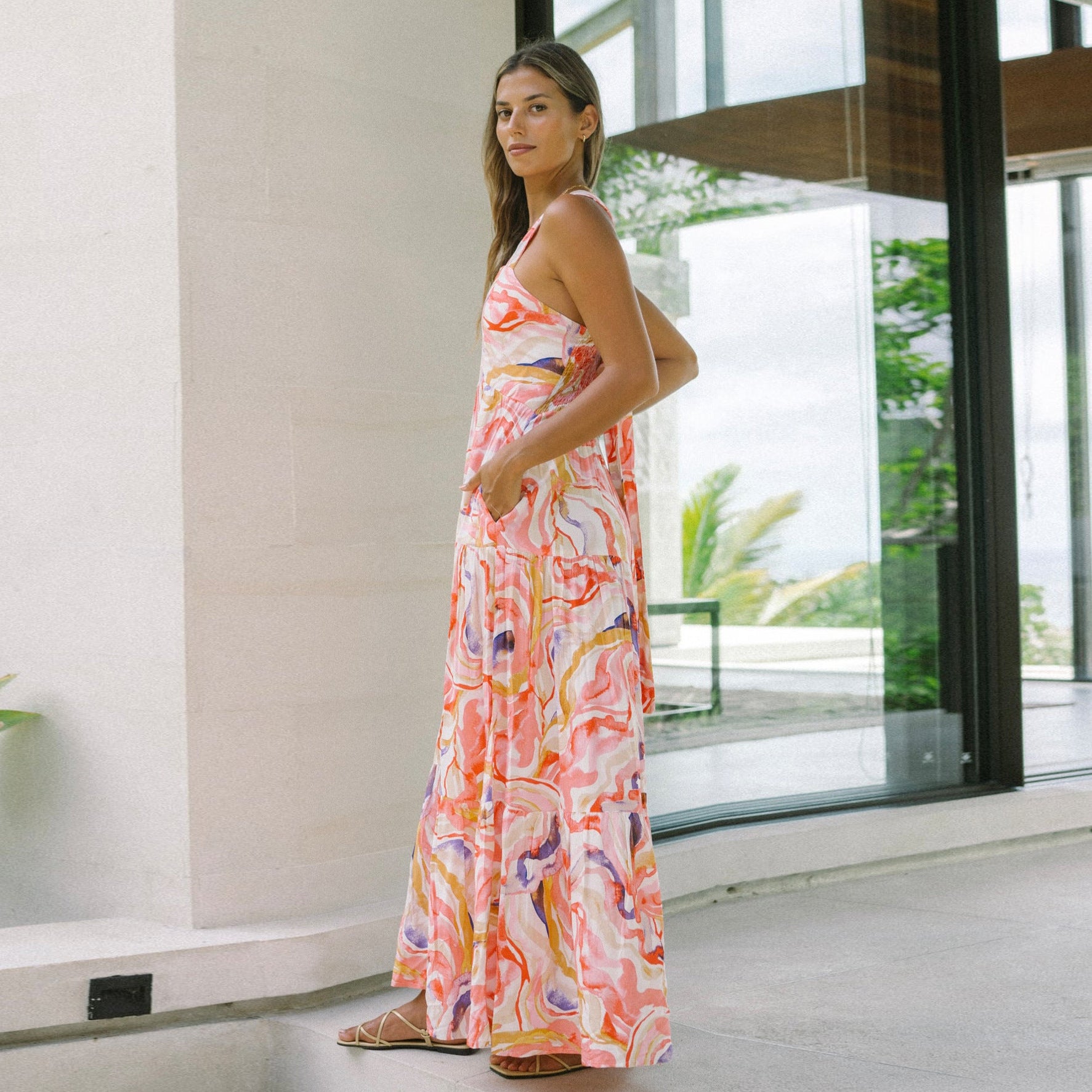 Boho Print Smocked Spaghetti Strap Midi Dress in - by Malbusaat
