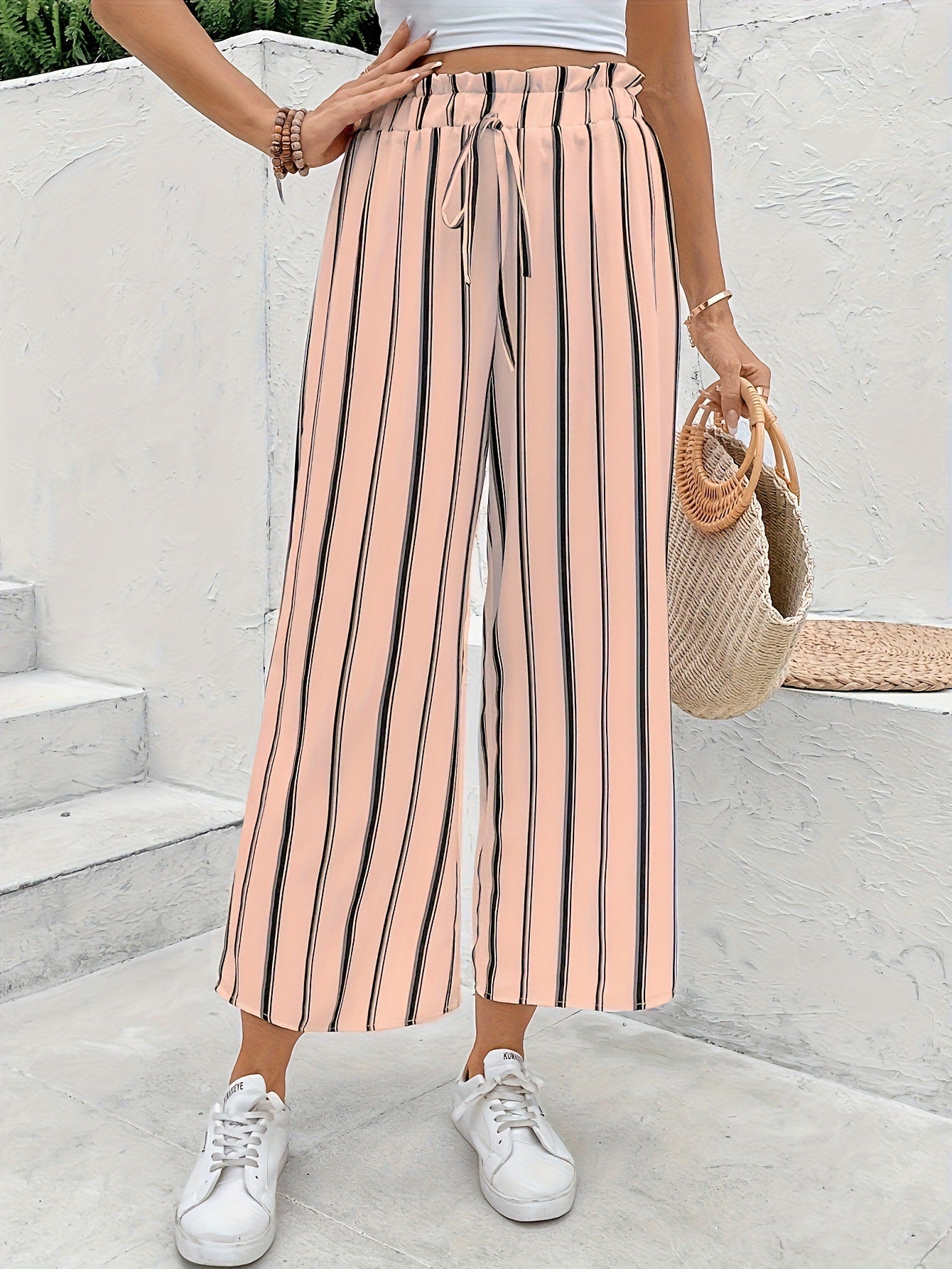 High-Waist Striped Wide-Leg Pants in - by Malbusaat