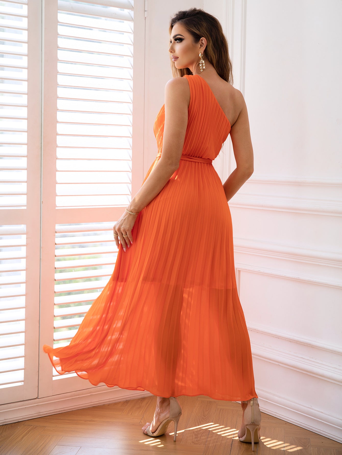 Elegant One-Shoulder Pleated Waist Maxi in - Maxi Dress, Dresses by Malbusaat