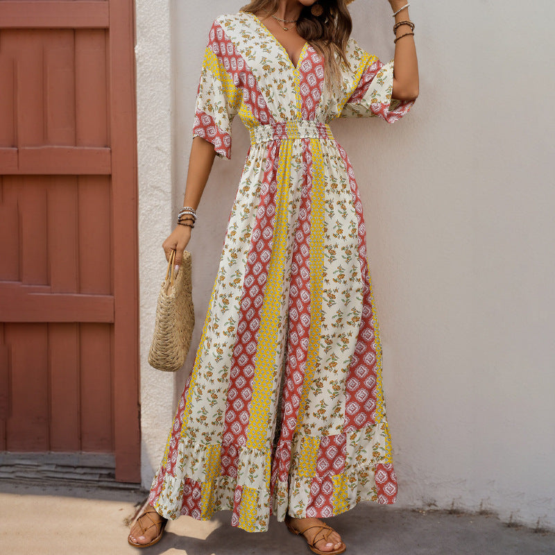 Geometric Striped Floral Printed Jumpsu