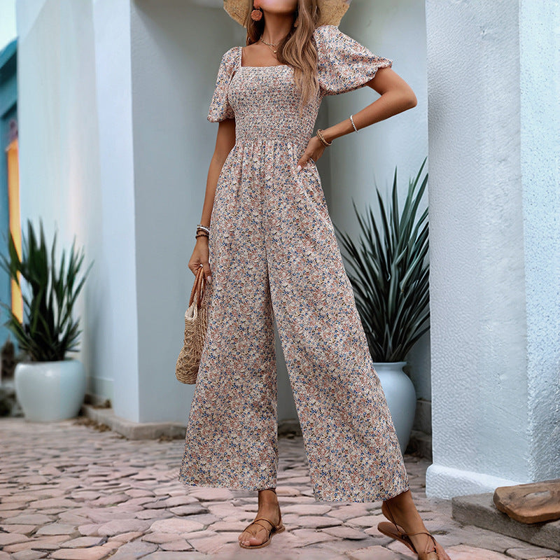 Slim Fit Printed Square Neck Jumpsuit in Pink - by Malbusaat