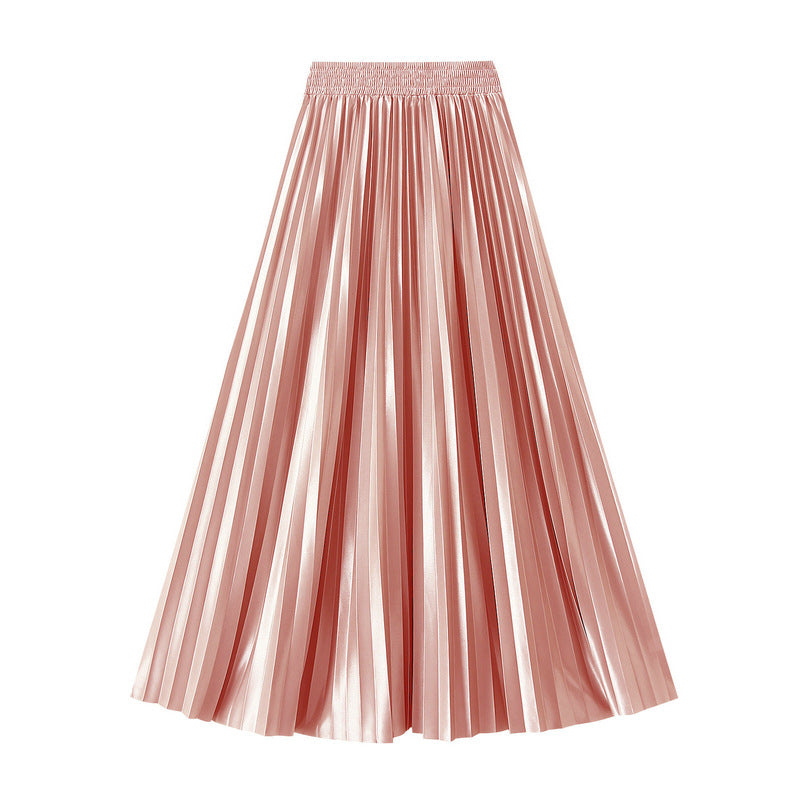 Glossy High-Waist Pleated A-Line Skirt in One Size Pink1 - by Malbusaat