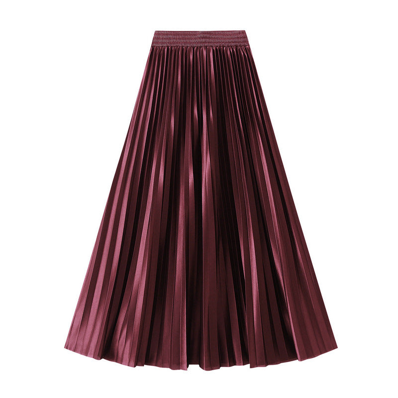 Glossy High-Waist Pleated A-Line Skirt in One Size Jujube Red - by Malbusaat