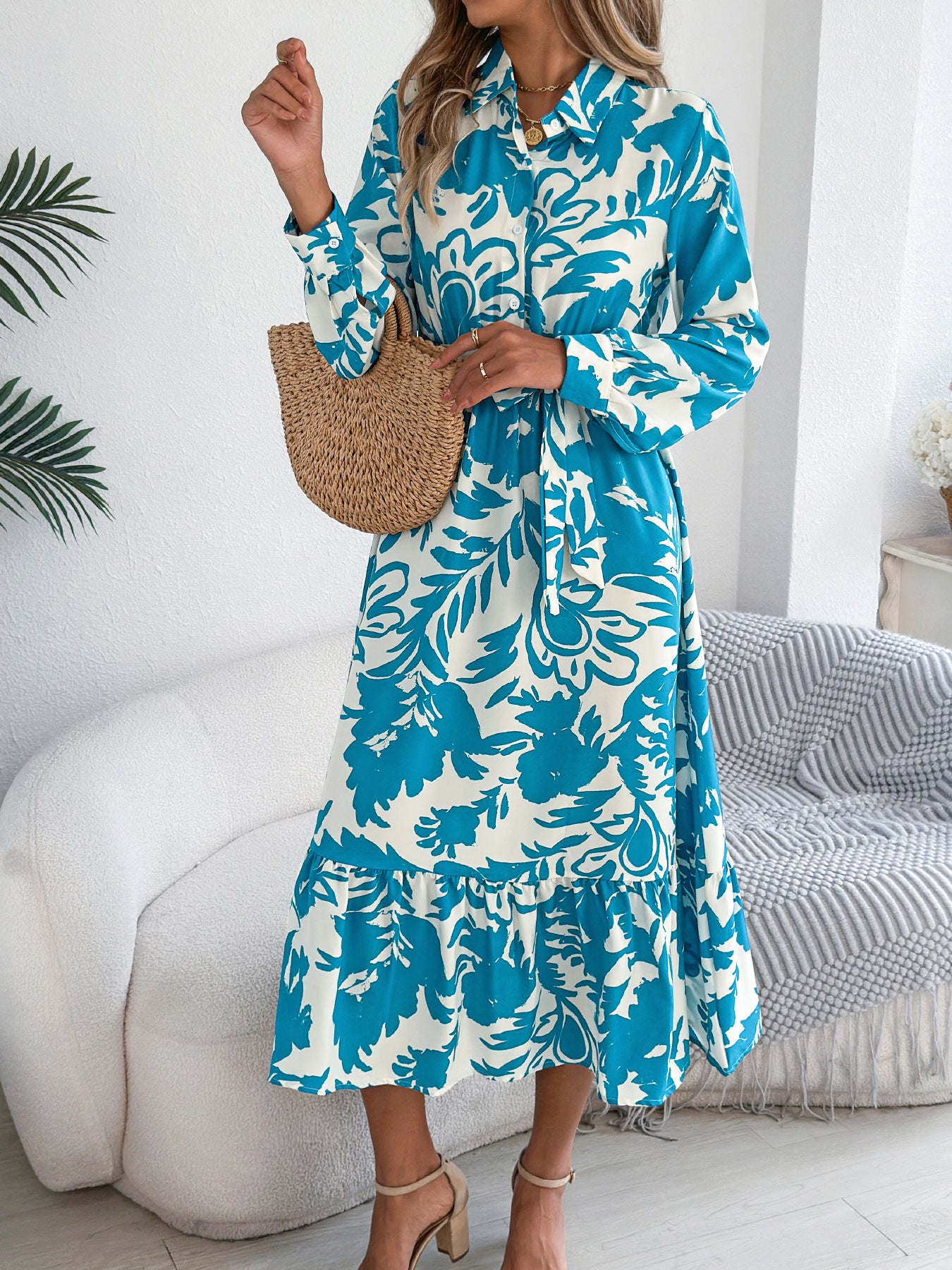 Elegant Floral Long Sleeve Shirt Dress