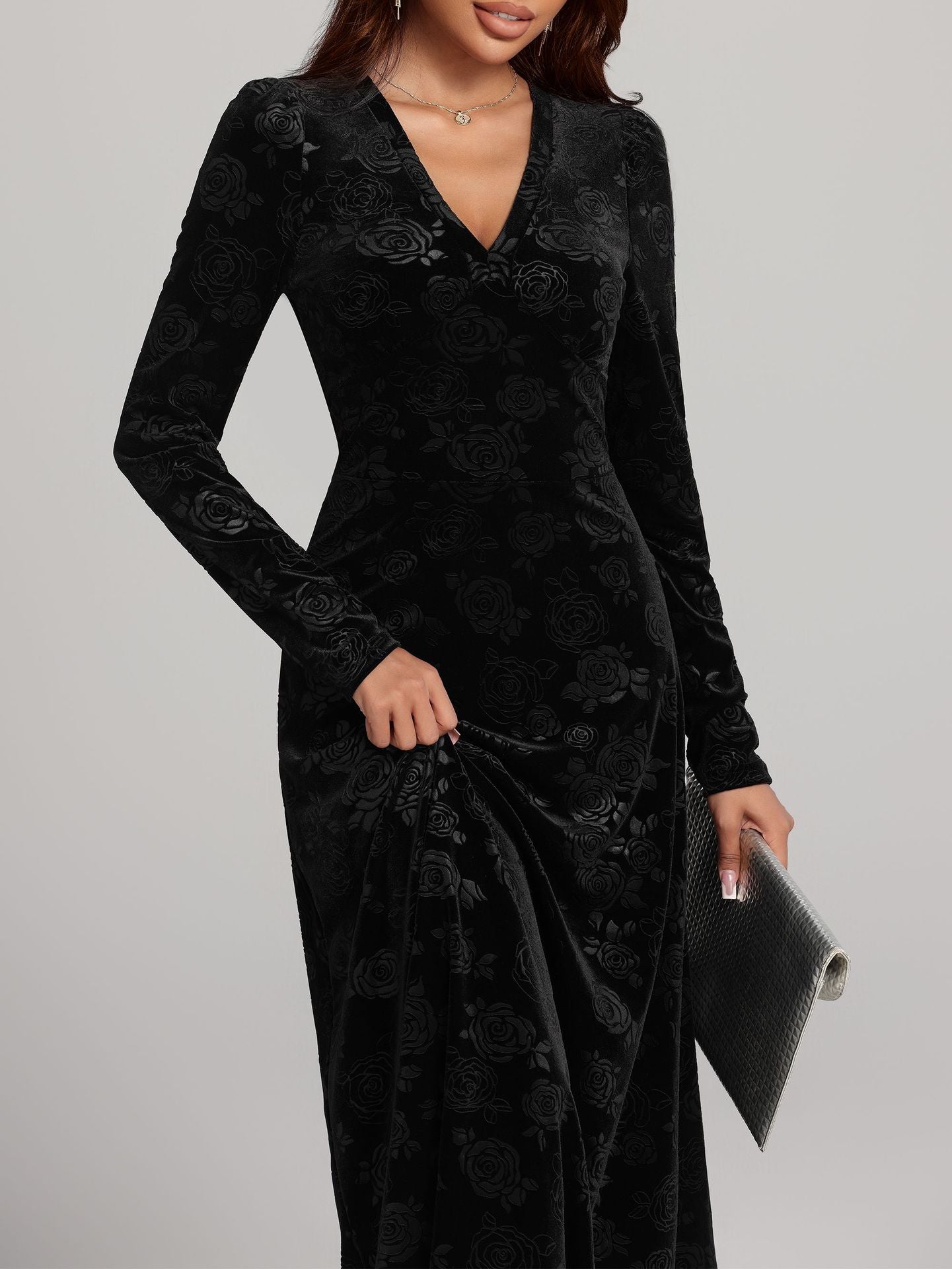 V-Neck Long Sleeve Pleuche Maxi in - by Malbusaat