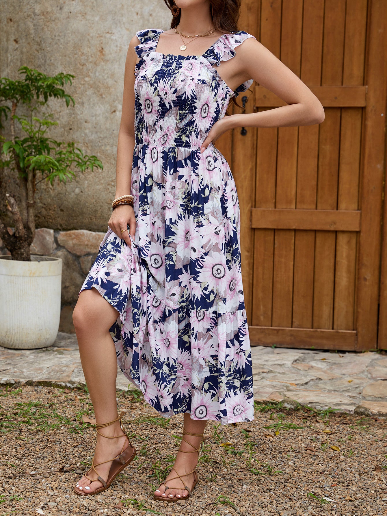 Floral Ruffle Sleeve Square Neck Midi Dress in - by Malbusaat