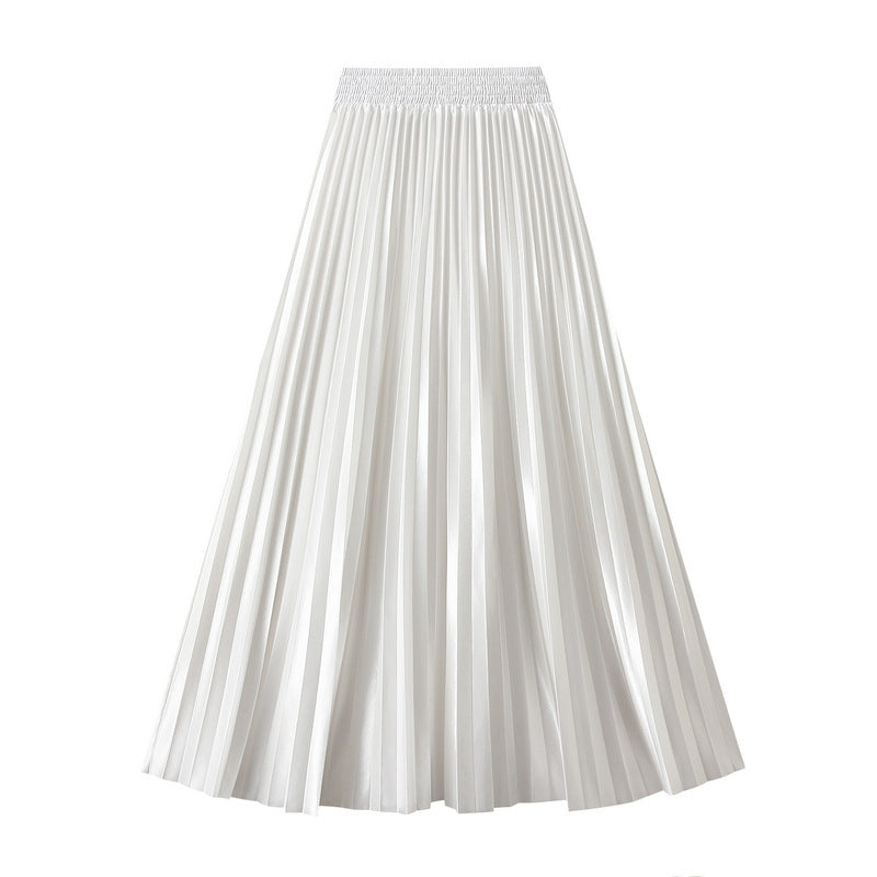 Glossy High-Waist Pleated A-Line Skirt in One Size White - by Malbusaat