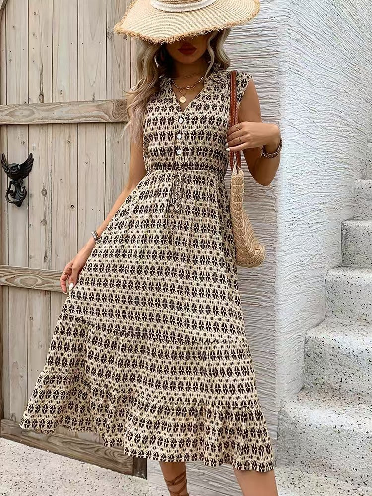 V Neck Suspender Midi Dress with Pockets