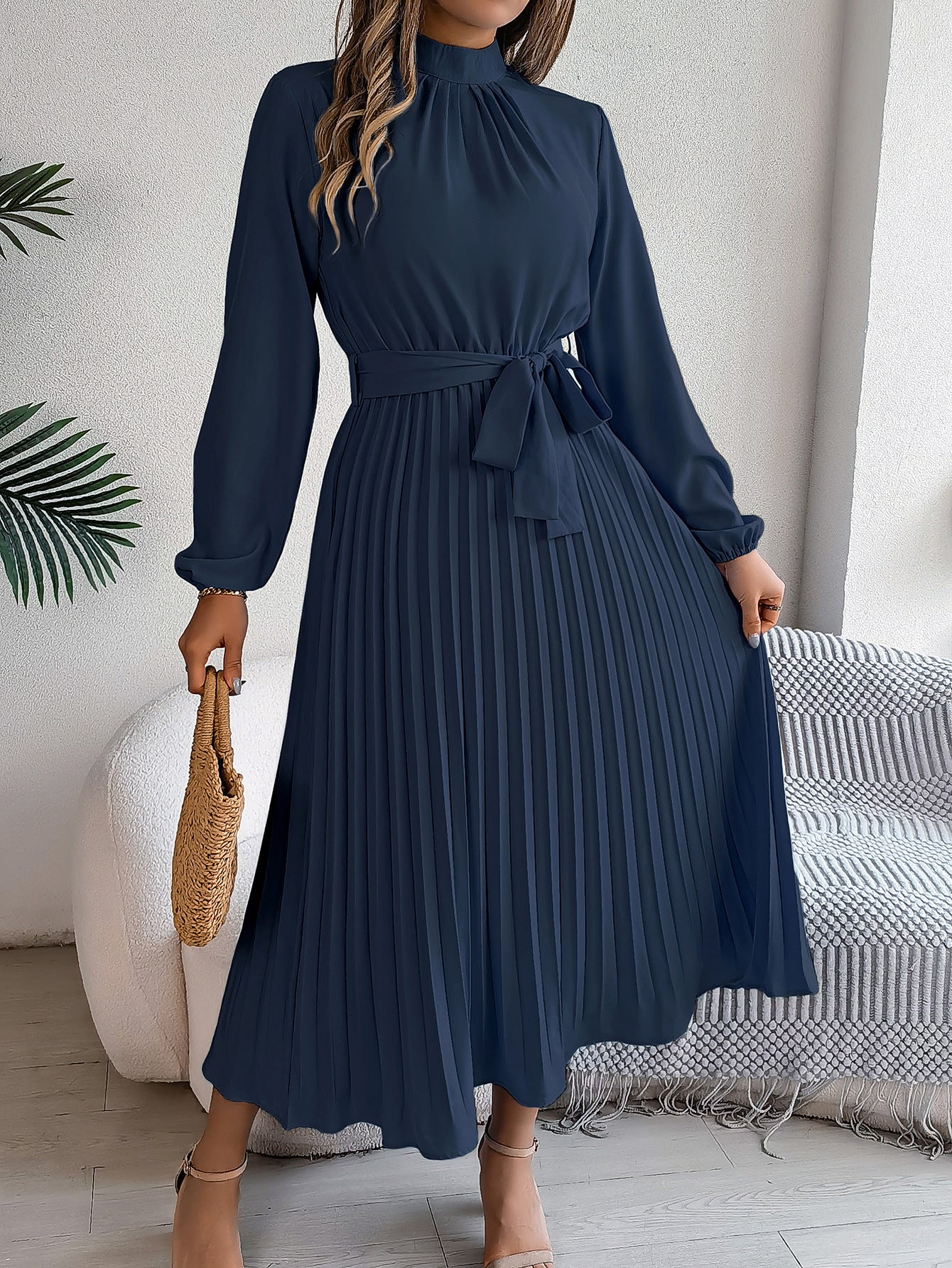 Elegant Stand Collar Pleated Maxi in Navy Blue - by Malbusaat