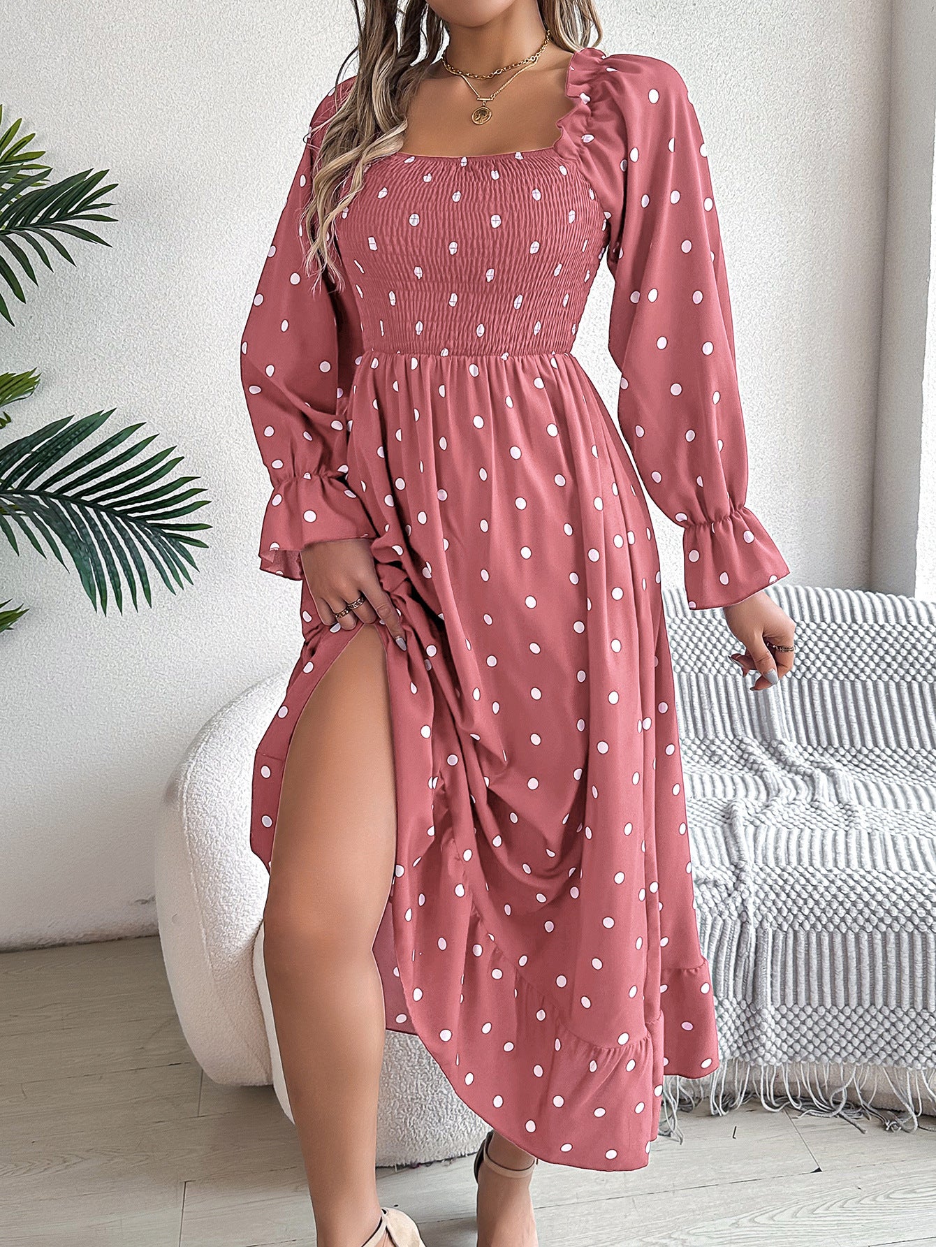 Elegant Polka Dot Maxi Dress in - by Malbusaat