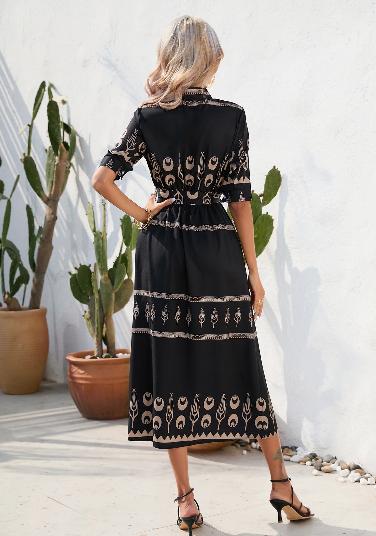 Printed Half Sleeve Maxi Dress in - by Malbusaat