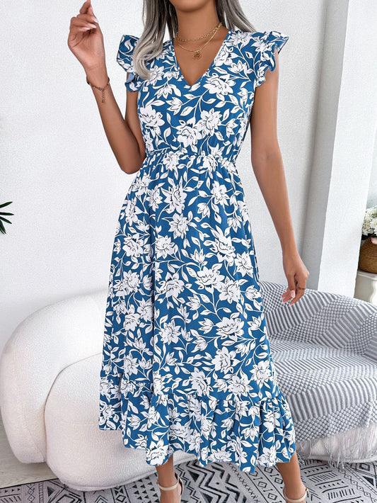 Boho Floral Maxi Dress - Ruffle Details in - by Malbusaat