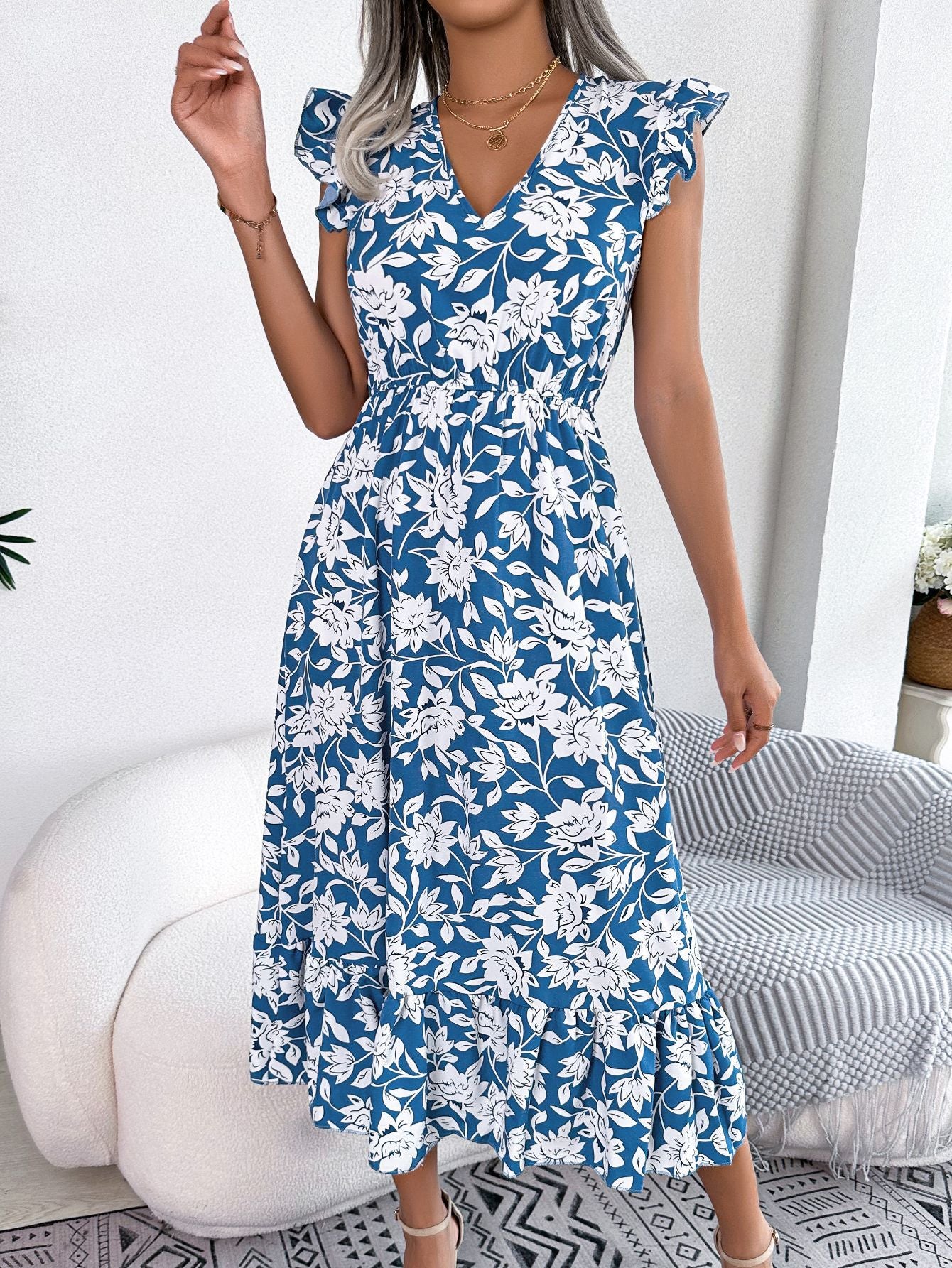 Boho Floral Maxi Dress - Ruffle Details in Navy Blue - by Malbusaat