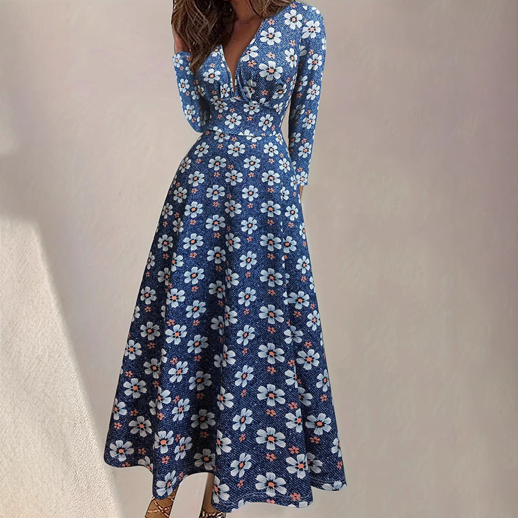 Elegant Deep V-Neck Floral Maxi in Blue - Maxi Dress by Malbusaat