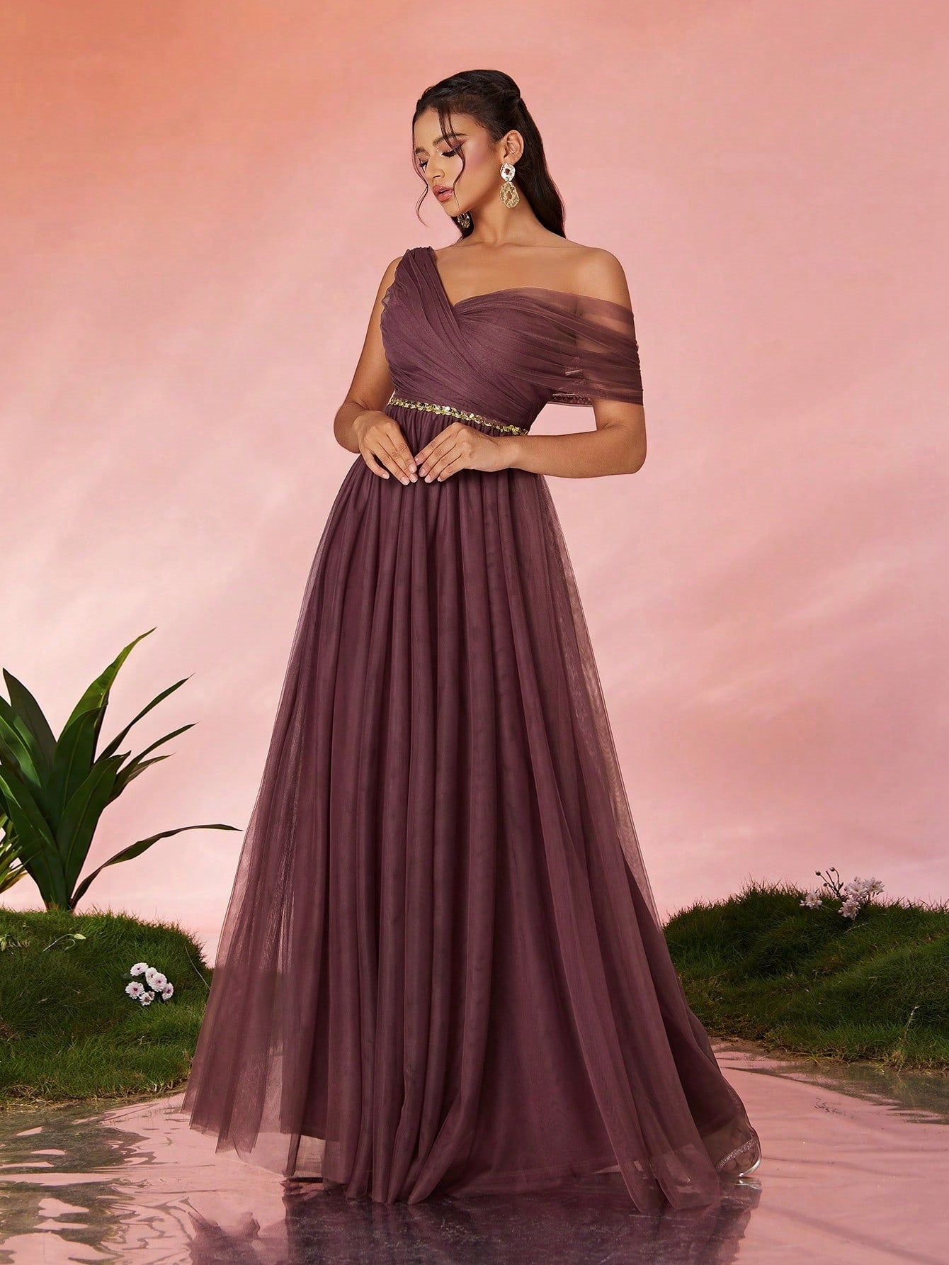 Elegant Purple Asymmetric Cutout Maxi in - by Malbusaat