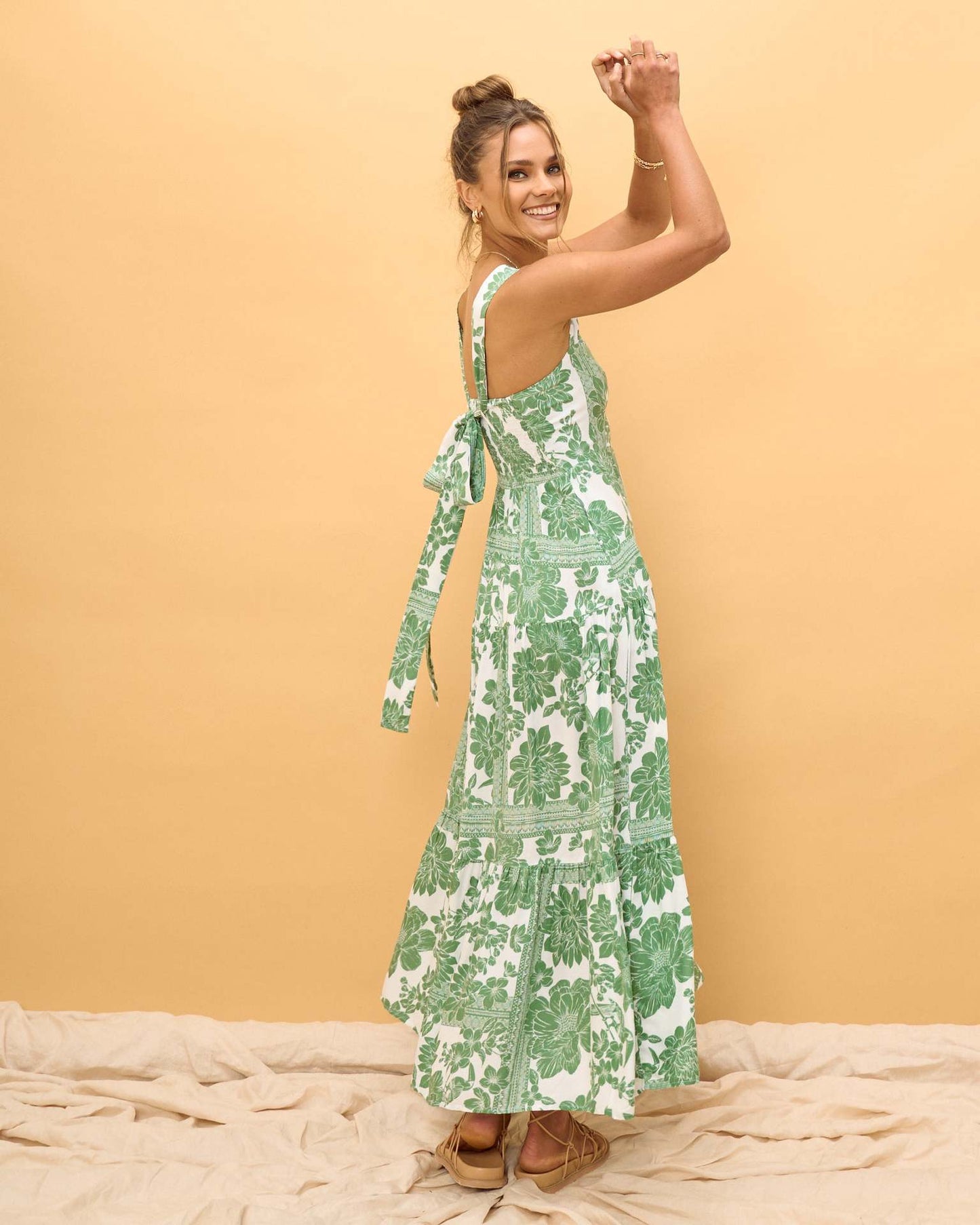 Boho Print Smocked Spaghetti Strap Midi Dress