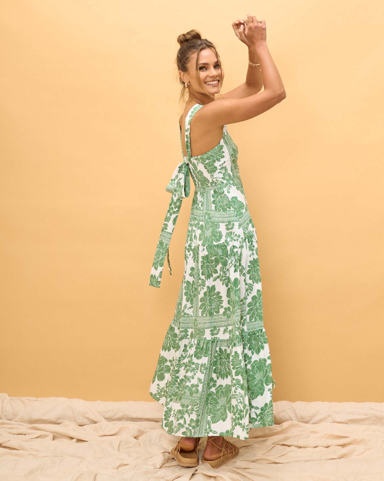 Boho Print Smocked Spaghetti Strap Midi Dress in - by Malbusaat