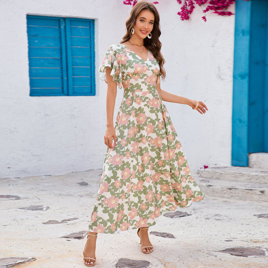Ruffled V-Neck Short Sleeve Maxi in - by Malbusaat