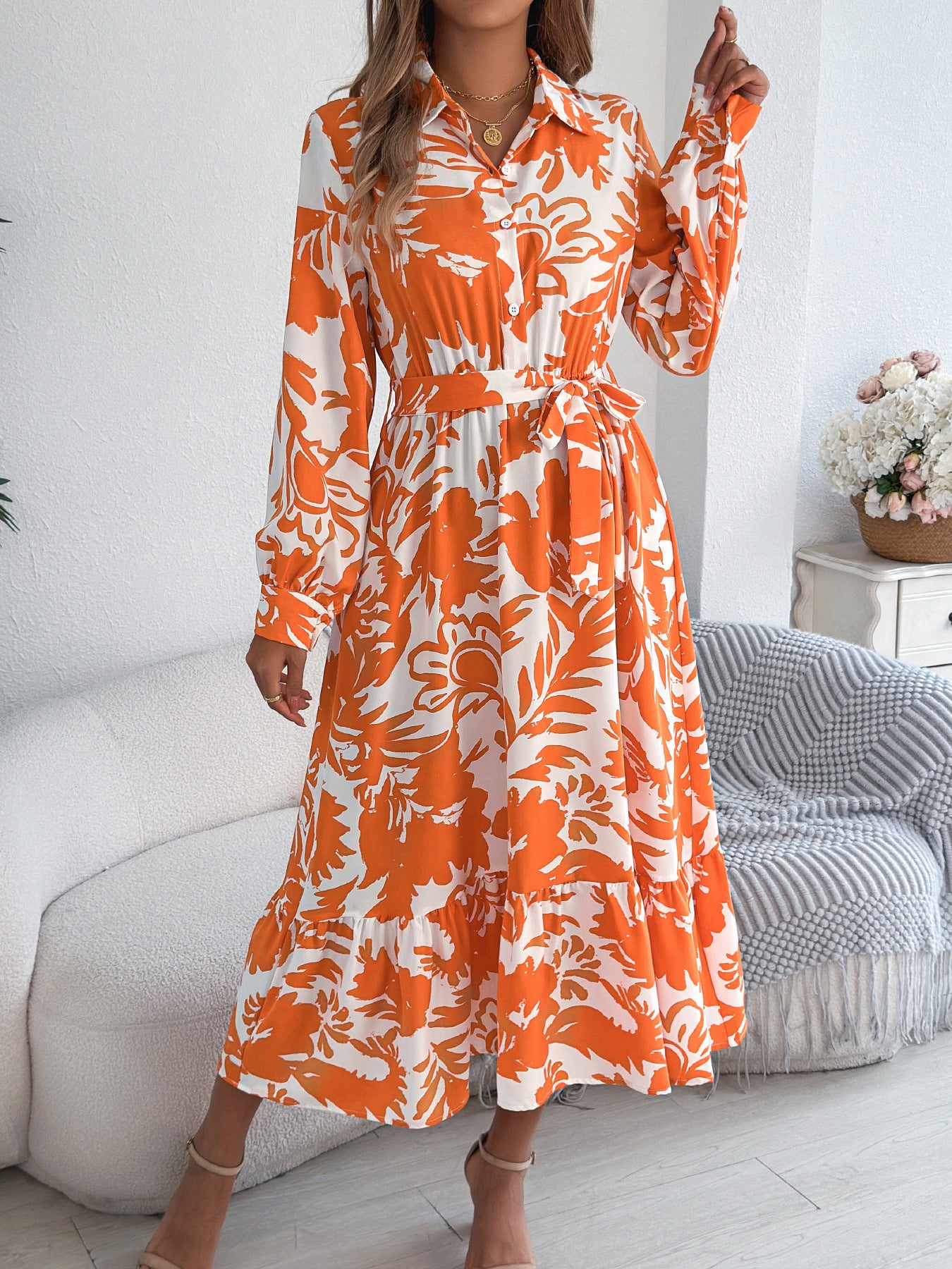 Elegant Floral Long Sleeve Shirt Dress