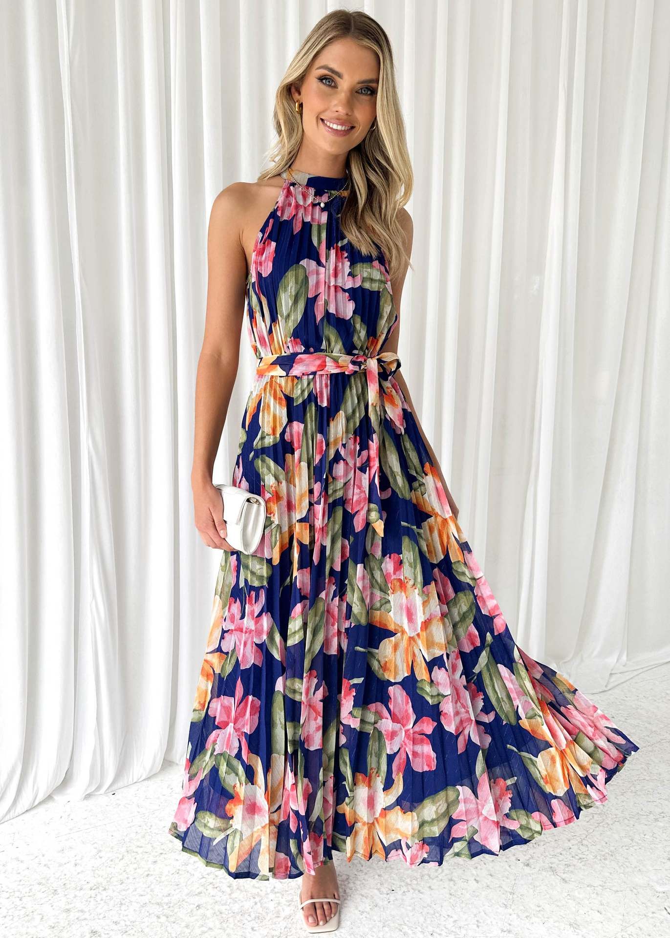 Floral Mock Neck Belted A-Line Maxi in - by Malbusaat